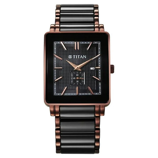 Titan Regalia Shaped Ceramic Quartz Analog with Date Black Dial Steel & Ceramic Strap Watch For Men 90013kd06