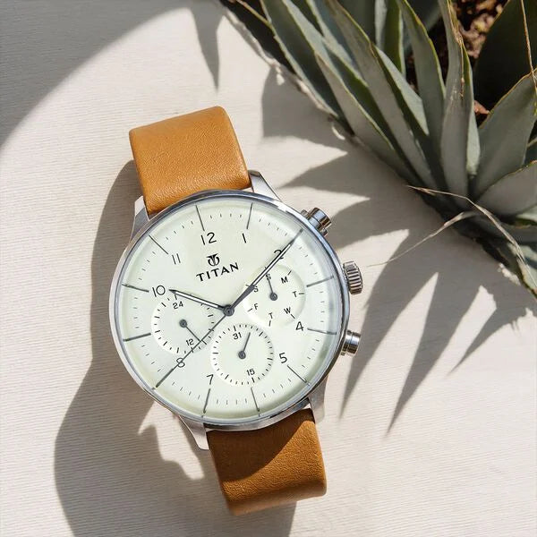Titan Quartz Multifunction Silver Dial Leather Strap Watch for Men 90102sl01