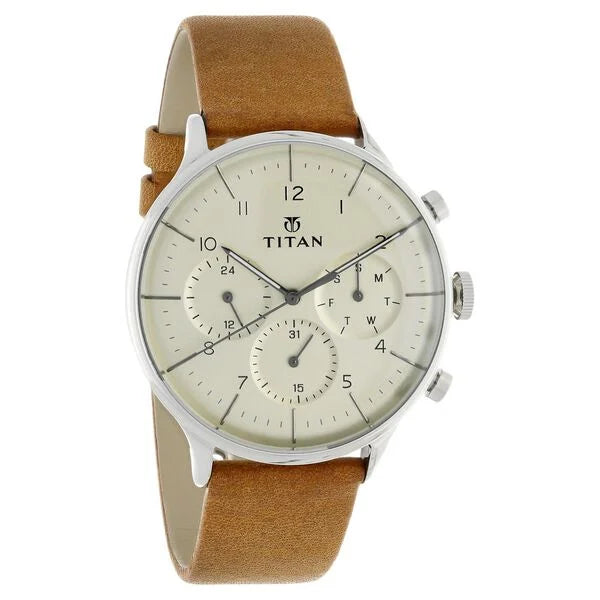 Titan Quartz Multifunction Silver Dial Leather Strap Watch for Men 90102sl01