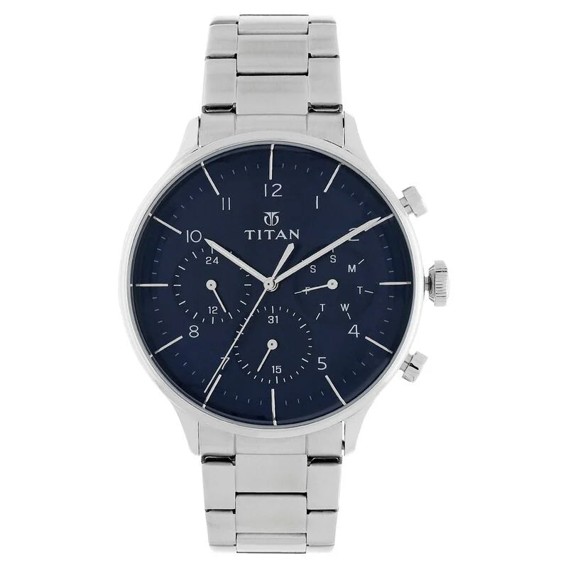 Titan Quartz Multifunction Blue Dial Stainless Steel Strap Watch for Men  90102SM01