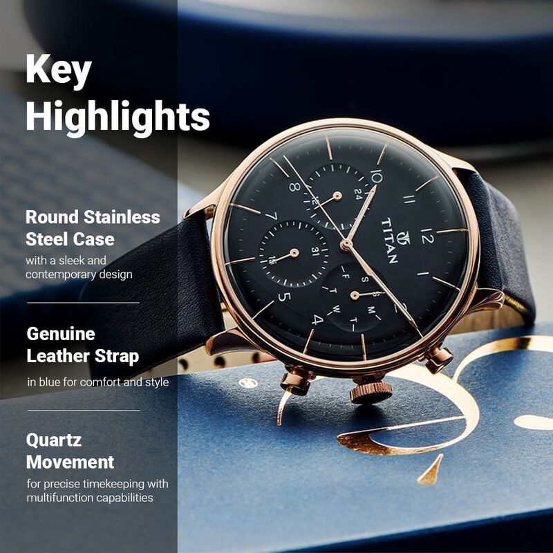 Titan Quartz Multifunction Blue Dial Leather Strap Watch for Men NR90102WL02 / NS90102WL02