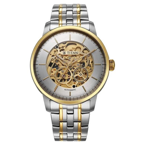 Titan Golden Heart Skeletal Automatic Analog with Silver Dial Dual-Tone Stainless Steel Strap Watch for Men 90110bm01