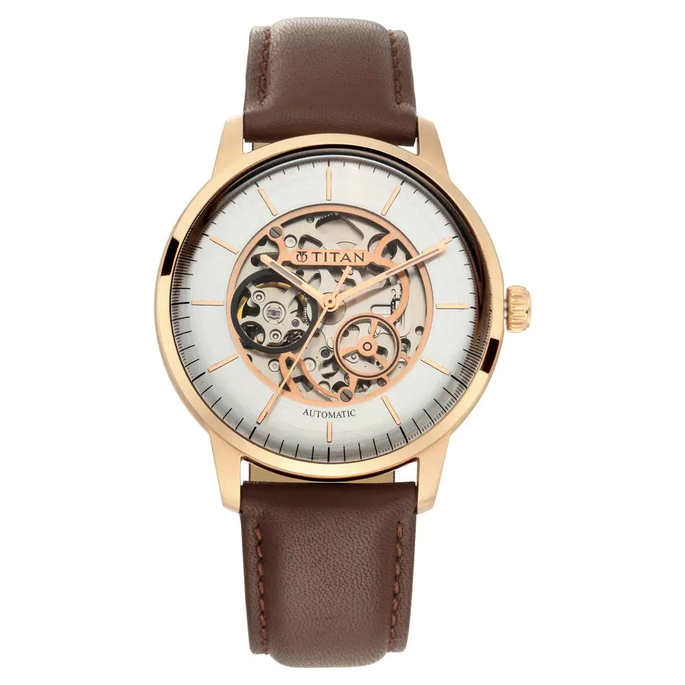 TITAN Automatic Watch with Silver White Dial & Brown Strap 90110WL03