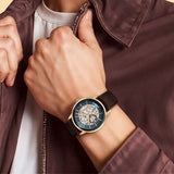 Titan Skeletal Automatic Blue Dial Brown Leather Strap Watch for Men 90110wl08