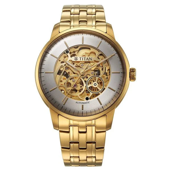 Titan Golden Heart Skeletal Automatic Analog with Silver Dial Yellow Gold Stainless Steel Strap Watch for Men 90110ym01