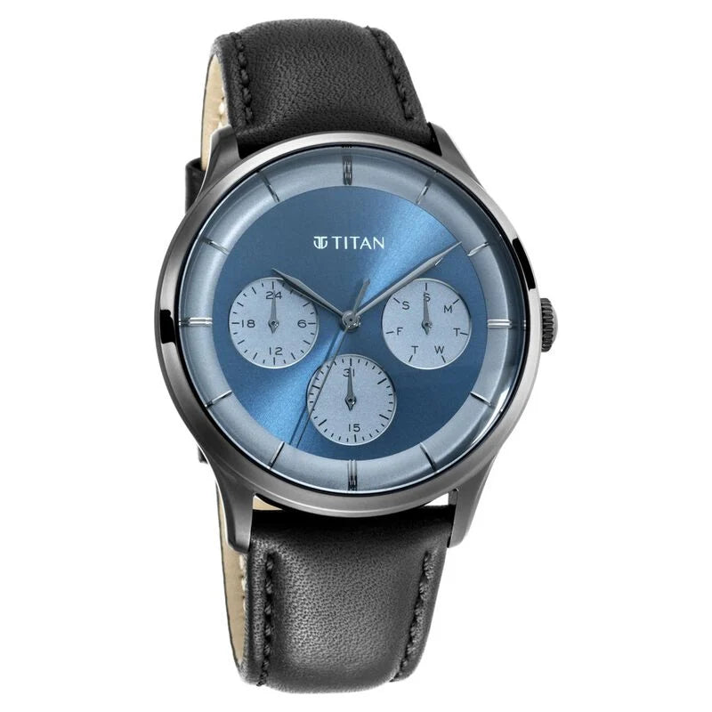 Titan Light Leathers Blue Quartz Multifunction Leather Strap watch for Men  90125QL01