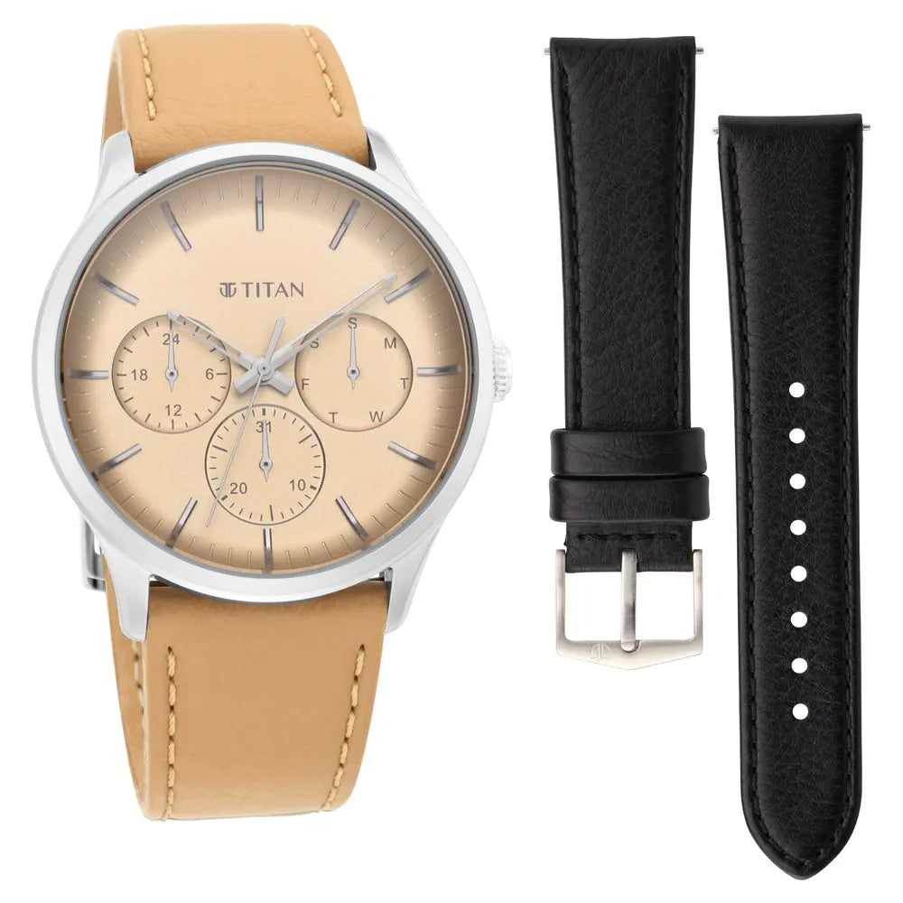 Light Yellow Dial Leather Strap Watch 90125SL04 (DK820)