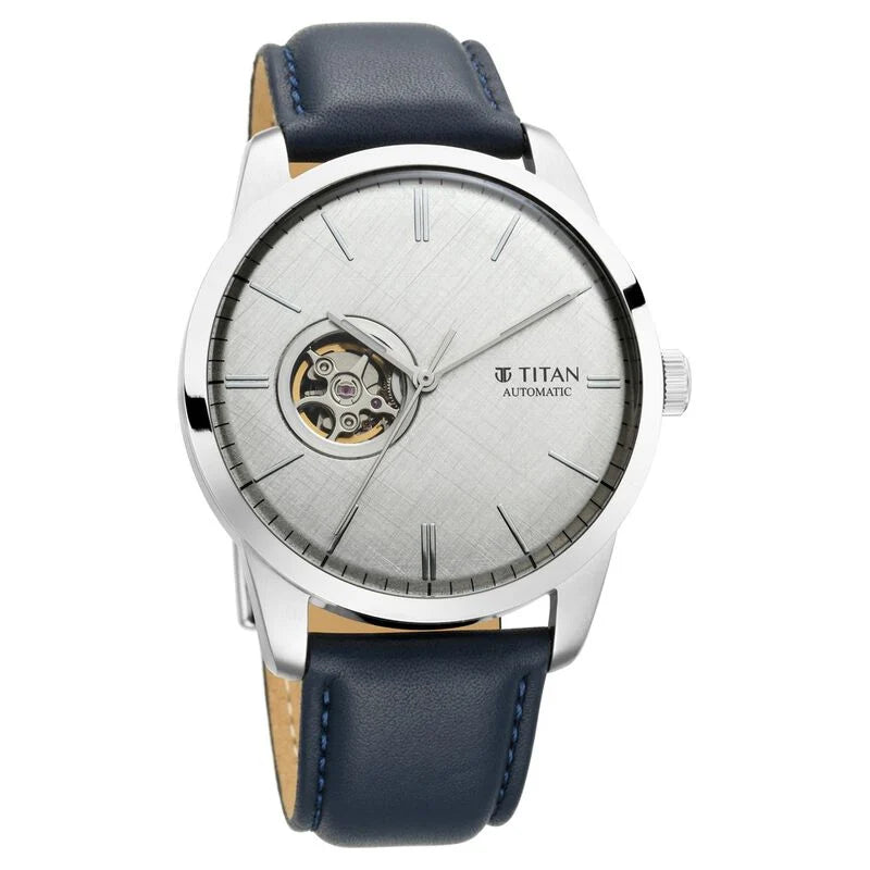 Titan Automatic Silver Dial Leather Strap Watch for Men 90126SL02
