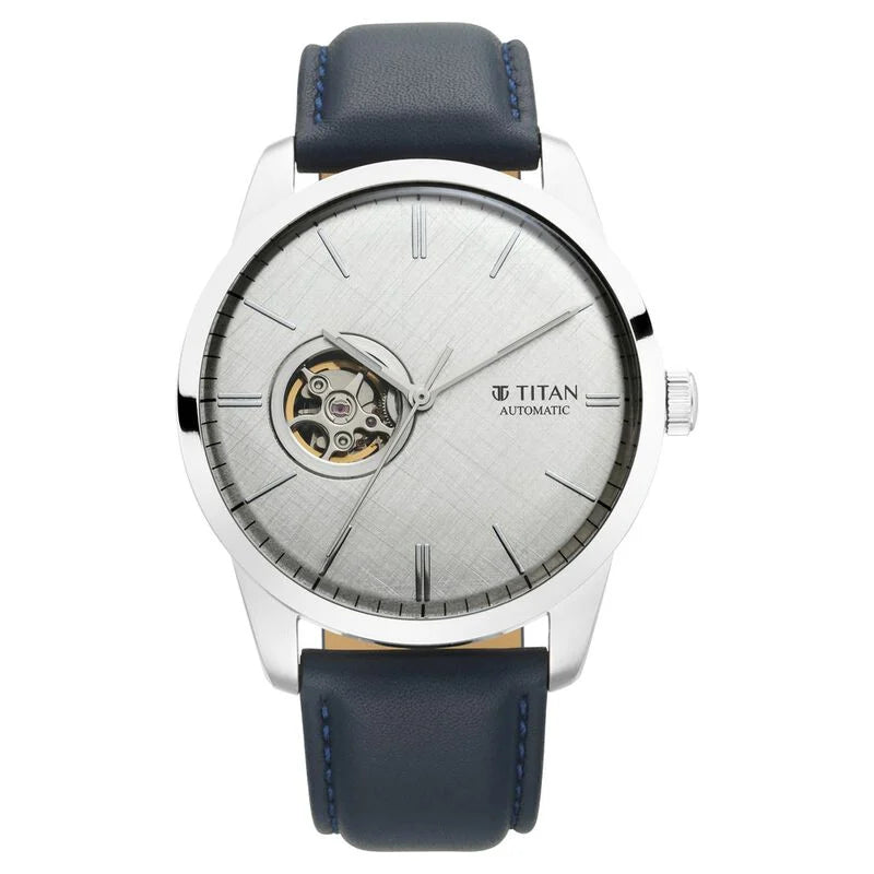 Titan Automatic Silver Dial Leather Strap Watch for Men 90126SL02