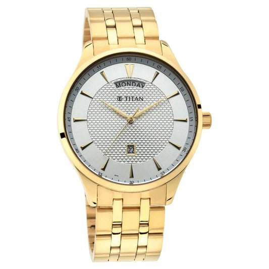 Titan Quartz Analog with Day and Date White Dial Stainless Steel Strap Watch for Men  90127YM01