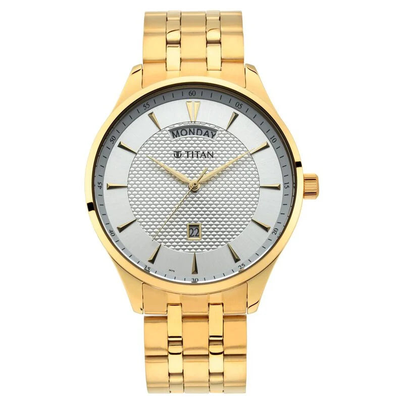 Titan Quartz Analog with Day and Date White Dial Stainless Steel Strap Watch for Men  90127YM01