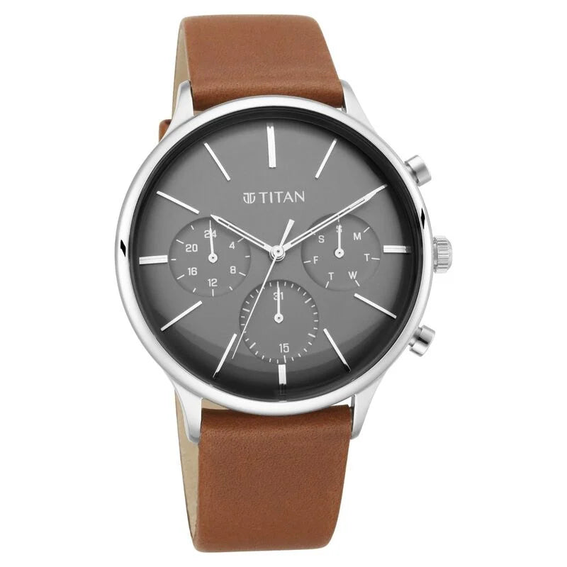 Titan Quartz Multifunction Blue Dial  Leather Strap Watch for Men 90134SL01