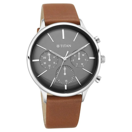 Titan Quartz Multifunction Blue Dial  Leather Strap Watch for Men 90134SL01