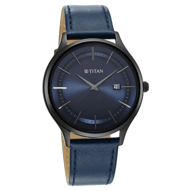 Titan Classique Slimline Blue Dial Analog with Date Leather Strap watch for Men / 90142NL01