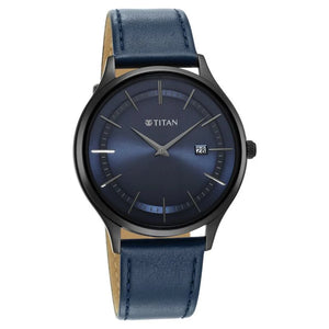 Titan Classique Slimline Blue Dial Analog with Date Leather Strap watch for Men / 90142NL01 - KRISHNA WATCH COMPANY