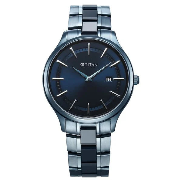 Titan Slim Ceramic Fusion Quartz Analog with Date Blue Dial Stainless Steel Strap Watch For Men 90142qd01 - KRISHNA WATCH COMPANY