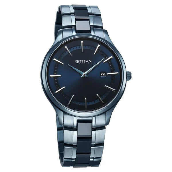Titan Slim Ceramic Fusion Quartz Analog with Date Blue Dial Stainless Steel Strap Watch For Men 90142qd01 - KRISHNA WATCH COMPANY
