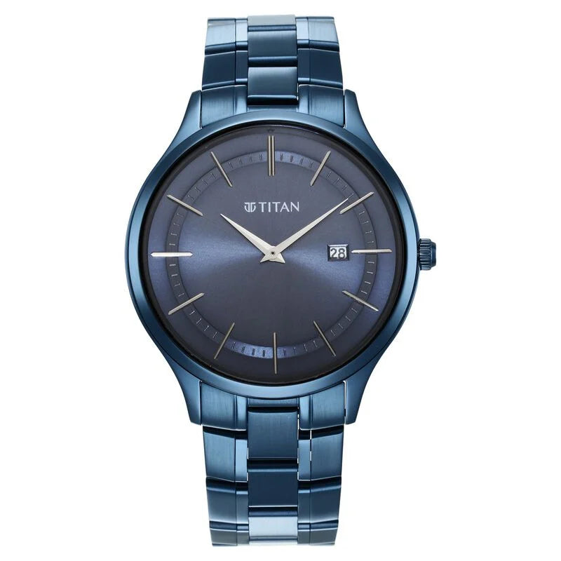 Titan Classique Slimline Blue Dial Quartz Analog with Date Stainless Steel Strap watch for Men 90142QM01