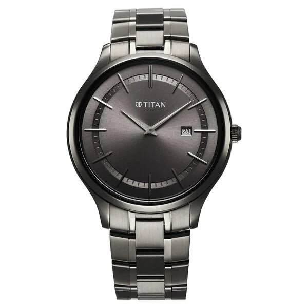 Titan Clasique Slim Quartz Analog with Date Grey Dial With Grey Color Stainless Steel Strap Watch For Men 90142qm06
