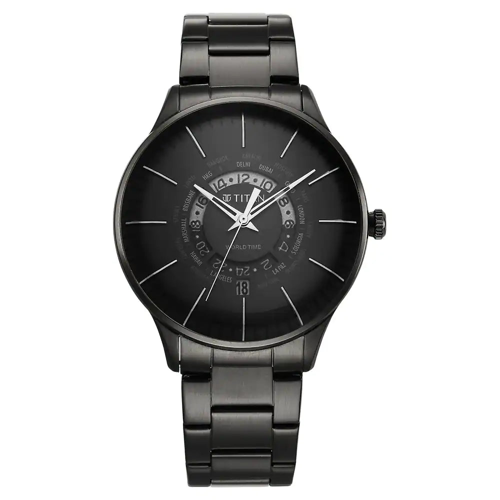 Titan World Time Black Dial Stainless Steel Strap Watch 90145NM01