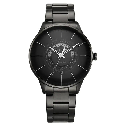 Titan World Time Black Dial Stainless Steel Strap Watch 90145NM01
