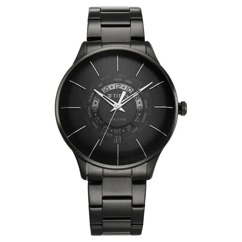 Titan World Time Black Dial Stainless Steel Strap Watch - 90145NM01 - KRISHNA WATCH COMPANY