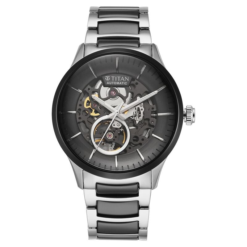 Titan Ceramic Fusion Automatic Black Dial Silver Dual-Toned Watch for Men - 90174KD01
