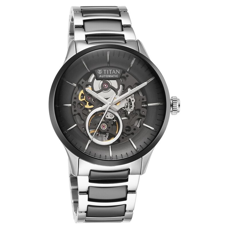 Titan Ceramic Fusion Automatic Black Dial Silver Dual-Toned Stainless Steel Bracelet Watch for Men NT90174KD01