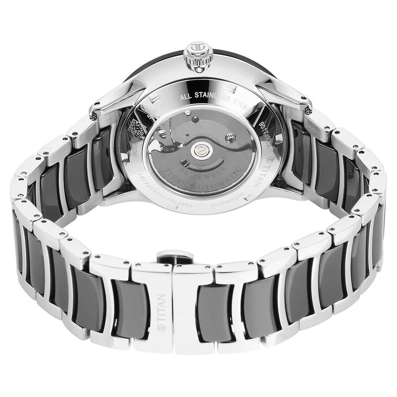 Titan Ceramic Fusion Automatic Black Dial Silver Dual-Toned Stainless Steel Bracelet Watch for Men NT90174KD01