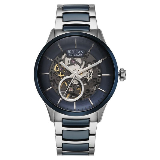Titan Ceramic Fusion Automatic Blue Dial Silver Watch for Men 90174KD02