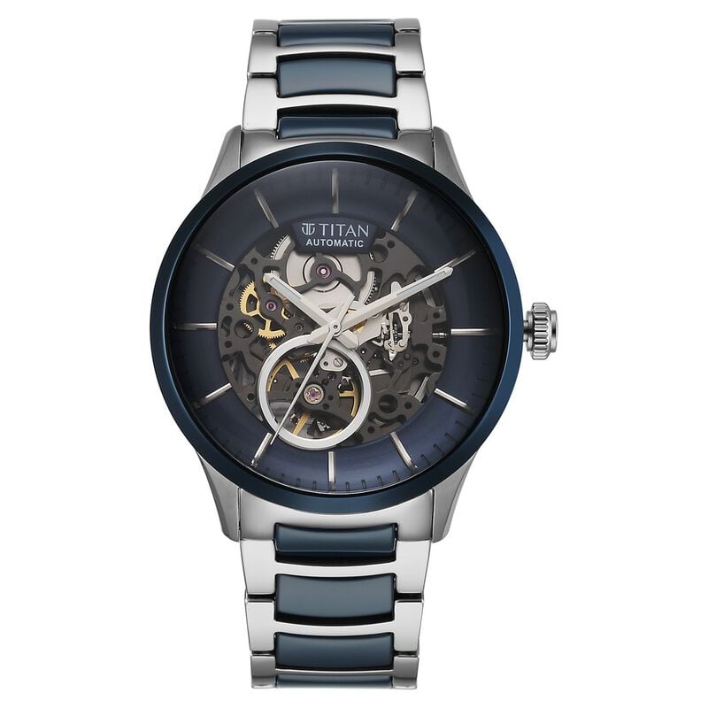 Titan Ceramic Fusion Automatic Blue Dial Silver Watch for Men - 90174KD02