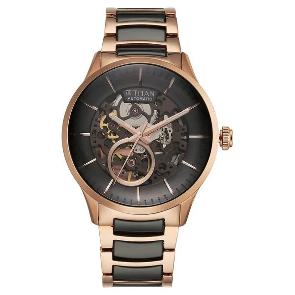 Titan Ceramic Fusion Automatic Black Dial Rose Gold Dual-Toned Watch for Men - 90174KD03