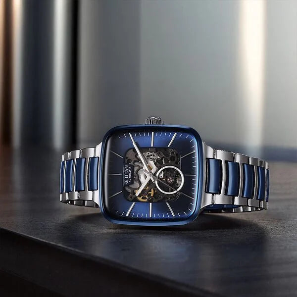 Titan Ceramic Fusion Automatic Square Black Dial Rose Gold Dual-Toned Stainless Steel Bracelet Watch for Men 90175kd02