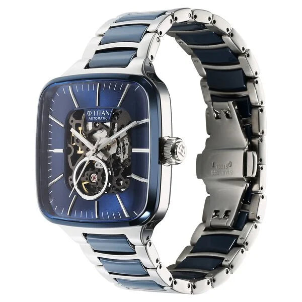 Titan Ceramic Fusion Automatic Square Black Dial Rose Gold Dual-Toned Stainless Steel Bracelet Watch for Men 90175kd02
