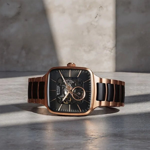 Titan Ceramic Fusion Automatic Square Black Dial Silver Dual-Toned Stainless Steel Bracelet Watch for Men 90175kd03