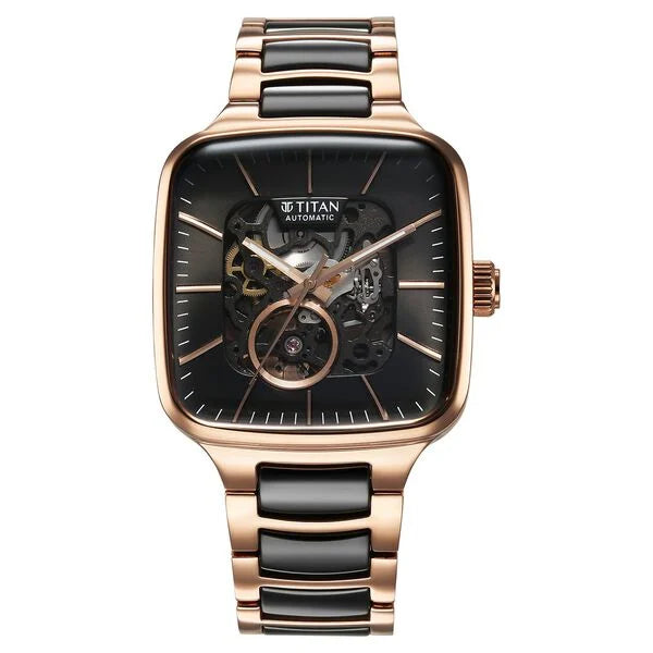 Titan Ceramic Fusion Automatic Square Black Dial Silver Dual-Toned Stainless Steel Bracelet Watch for Men 90175kd03