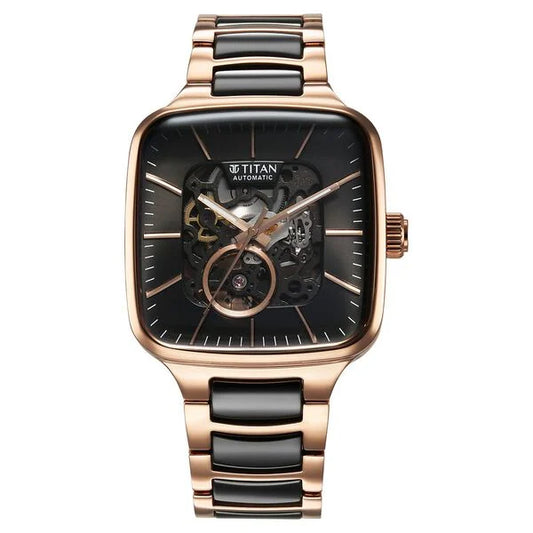 Titan Ceramic Fusion Automatic Square Black Dial Silver Dual-Toned Stainless Steel Bracelet Watch for Men 90175kd03