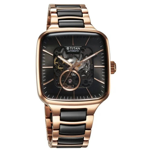 Titan Ceramic Fusion Automatic Square Black Dial Silver Dual-Toned Stainless Steel Bracelet Watch for Men 90175kd03