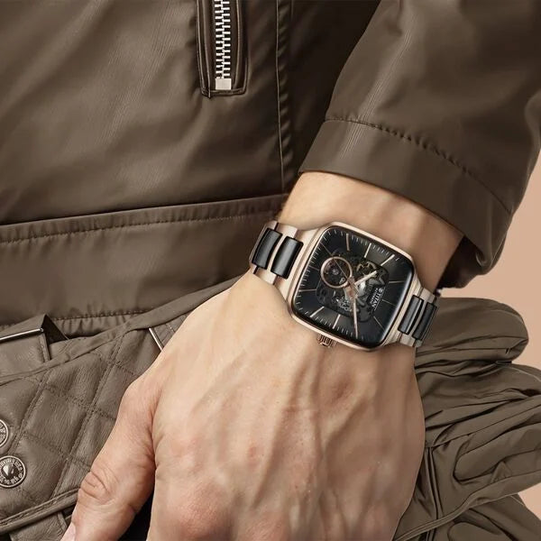 Titan Ceramic Fusion Automatic Square Black Dial Silver Dual-Toned Stainless Steel Bracelet Watch for Men 90175kd03