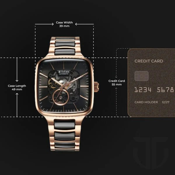 Titan Ceramic Fusion Automatic Square Black Dial Silver Dual-Toned Stainless Steel Bracelet Watch for Men 90175kd03