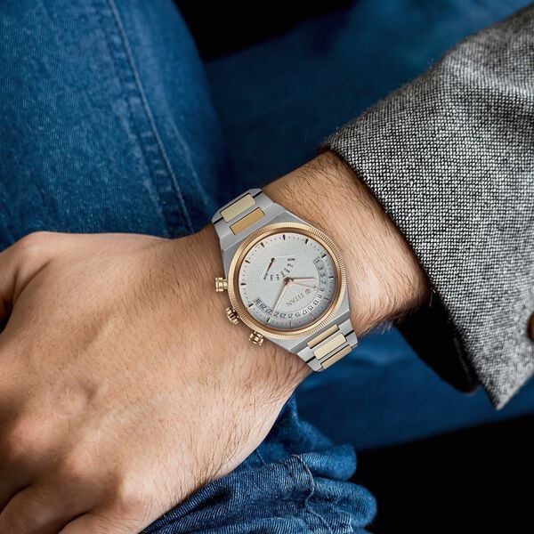 Titan Micromotors Silver Dial Dual Tone Pink Watch for Men 90180km01