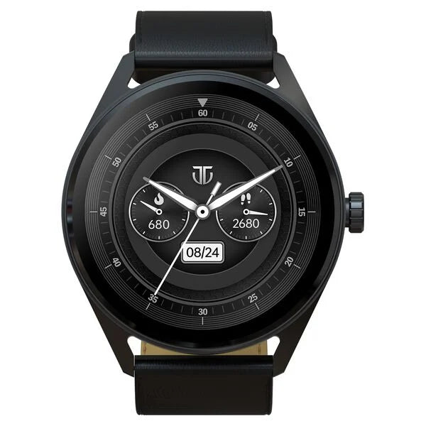 Titan Crest with 3.63 cm AMOLED Display with AOD, Functional Crown, BT Calling Smartwatch with Black Leather Strap 90197al01