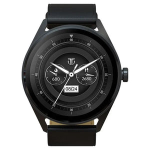 Titan Crest with 3.63 cm AMOLED Display with AOD, Functional Crown, BT Calling Smartwatch with Black Leather Strap 90197al01 - KRISHNA WATCH COMPANY