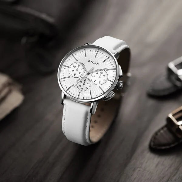 Titan Light leathers Multifunction Silver Dial Leather Strap Watch For Men 90200sl04