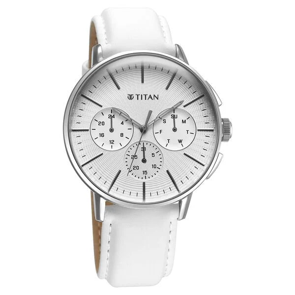 Titan Light leathers Multifunction Silver Dial Leather Strap Watch For Men 90200sl04
