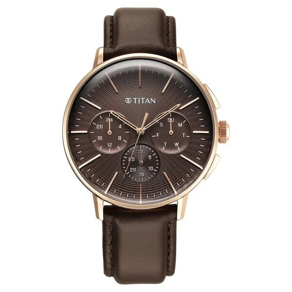 Titan Light leathers Multifunction Brown Dial Leather Strap Watch For Men 90200wl01