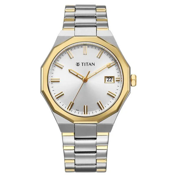Titan Regalia Dodecagon Quartz Analog with Date Silver Dial Two Toned Stainless Steel Strap Watch For Men 90212bm01