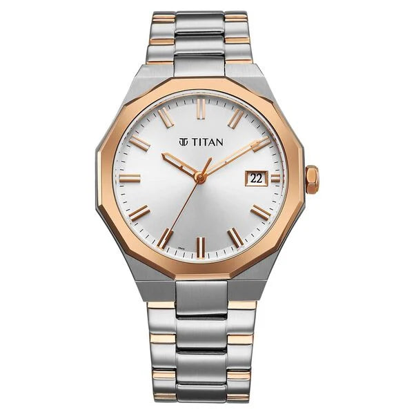 Titan Regalia Dodecagon Quartz Analog with Date Silver Dial Two Toned Stainless Steel Strap Watch For Men 90212km01