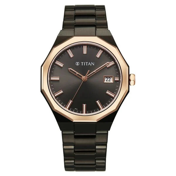 Titan Regalia Dodecagon Quartz Analog with Date Grey Dial Black Stainless Steel Strap Watch For Men 90212km02 - KRISHNA WATCH COMPANY