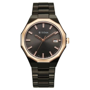 Titan Regalia Dodecagon Quartz Analog with Date Grey Dial Black Stainless Steel Strap Watch For Men 90212km02 - KRISHNA WATCH COMPANY